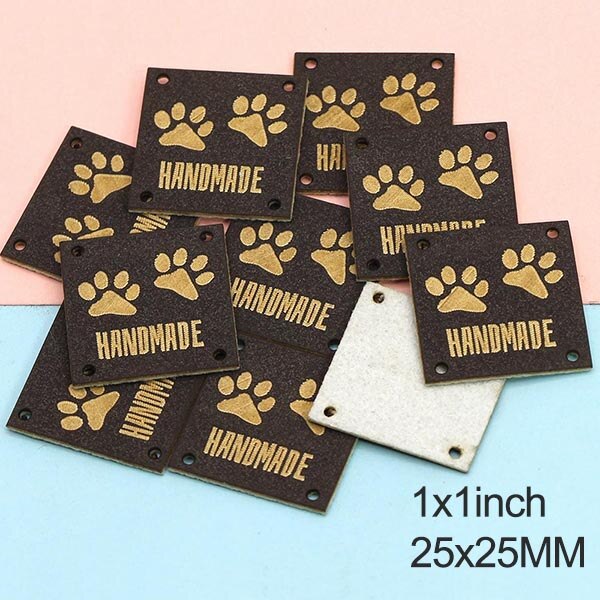 Etiquetas de cuero con huellas de animales, etiquetas hechas a mano para ropa, perro, gato, oso, pata, etiqueta hecha a mano para coser sombreros DIY, 20 piezas, 25x25mm: Black