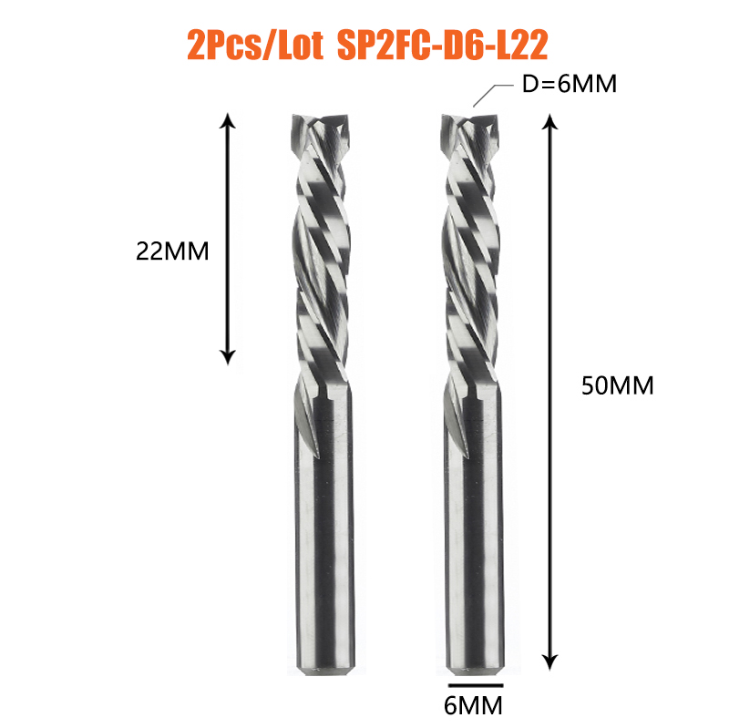 2PCS/LOT Compression Milling Cutter Woodwork UP&amp;DOWN Cut Two Flute Spiral Carbide Milling Tool CNC Router Bits Wood End Mill: 2PC-SP2FC-D6.0-L22