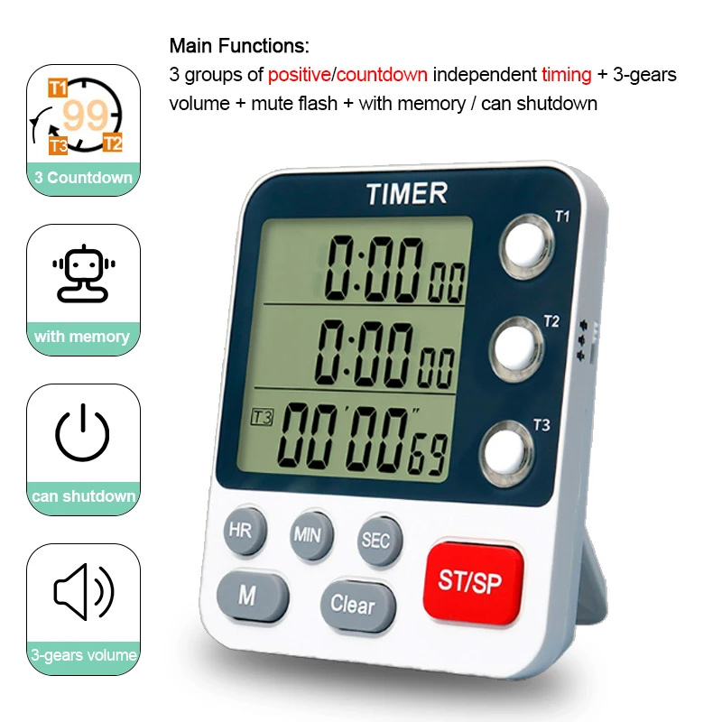 3 Channels Digital Kitchen Timer Count UP/Down Timer Adjustable 3 Levels Volume Alarm Clock LCD Display Mute Flashing Timer: WHITE