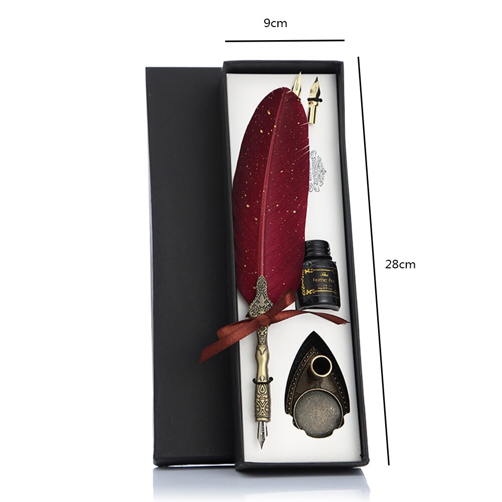 Retro Calligraphy Feather Dip Pen with 2 Nib Set Quill Fountain Writing Vintage Stationery Classic Box without Ink: Red
