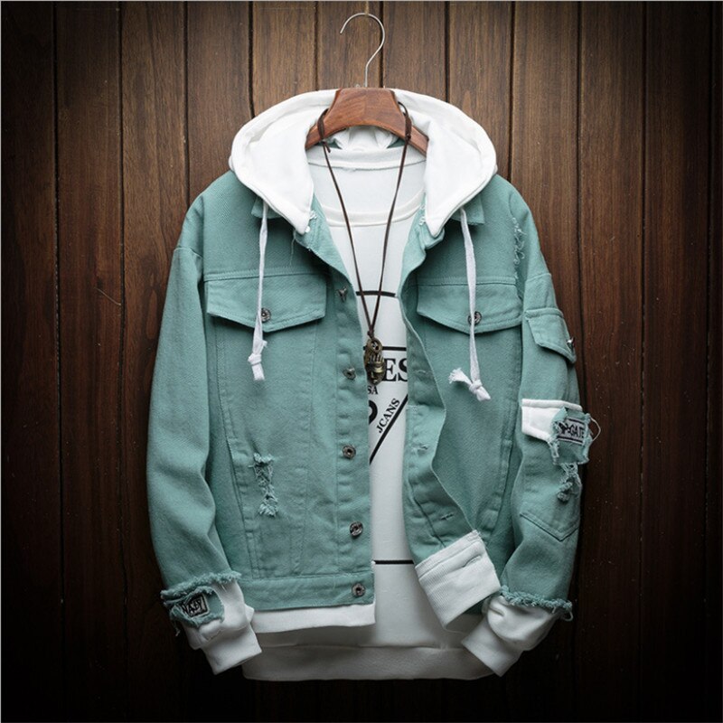 Veste d'automne en Denim à capuche homme, vêtement de Cowboy homme, en faux deux pièces de Streetwear, à la: green / L