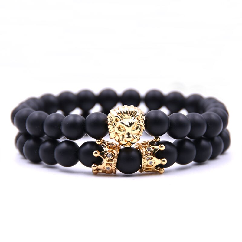 Bracelet homme tête de Lion avec couronne Bracelets 8mm pierre naturelle perles bracelet pavé CZ couronnes hommes femmes bijoux pulseira: 2