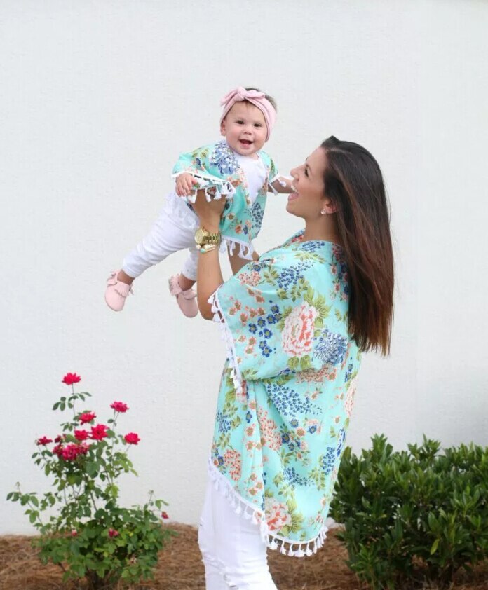 Family Matching Clothes Women Mother Daughter Girl Matching Coverup Cardigan Jacket Summer Floral TasselTop