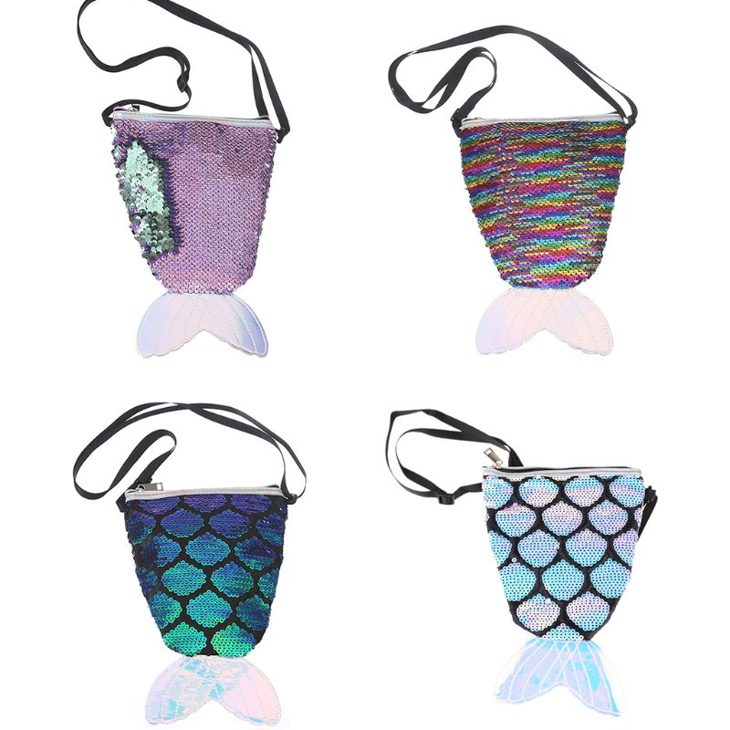 Sequins Hologram Fish Tail Coin Purse Mini Travel Crossbody Shoulder Bag for Women Girls LX9F
