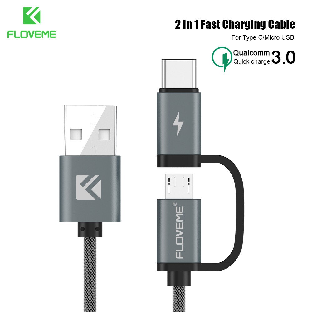 FLOVEME QC 3.0 Type c USB Cable For Samsung Galaxy Note 9 S9 2 in 1 Fast Charge USB Cable For Huawei P20 For Xiaomi Note 5 Pro: Default Title