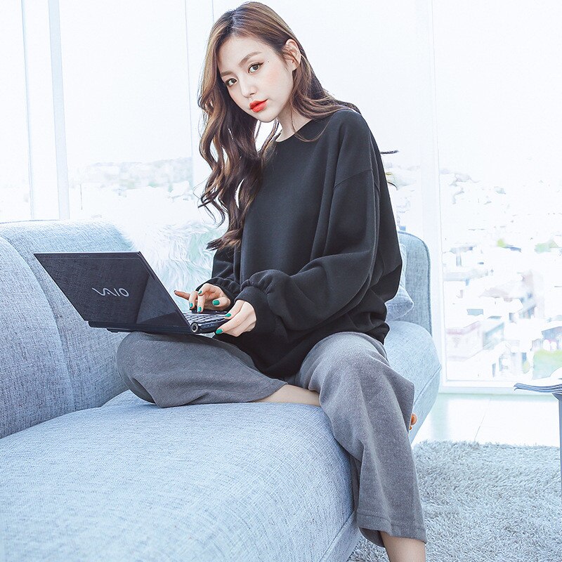 Black Gray 100% Cotton Homewear for Women Loose Home Clothes Female Lounge Wear Spring Home Suit Ladies Cotton Pajamas Set