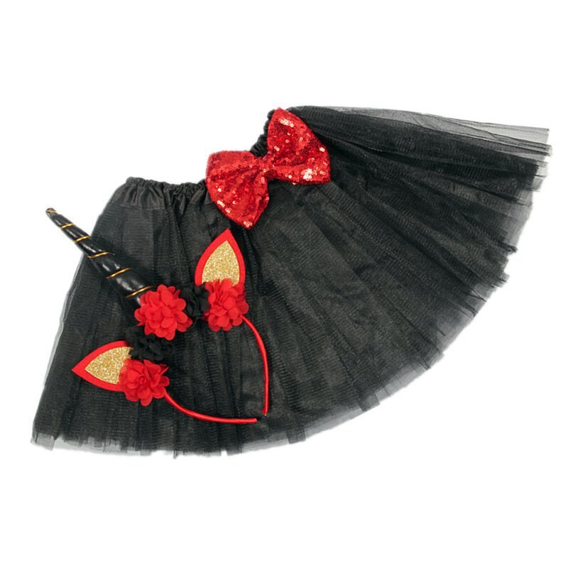 Vogueon criança do bebê tutu saia 9 cores elástico em camadas uma linha meninas arco tutu flor com unicórnio bandana para festa de aniversário: Black Tutu Set