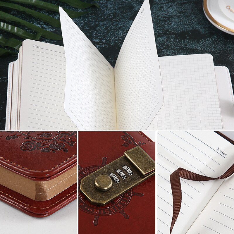 Diario de cuero Pu A5 con bloqueo, planificador, contraseña, cuadernos Retro y diarios, Agenda, cuaderno de notas, suministros para cuaderno de colegio