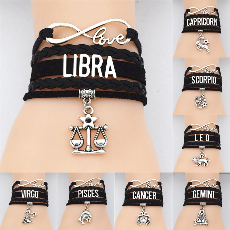 12 znak konstelacji zodiaku punk czarny guzik plecione skórzane bransoletki dla kobiet mężczyzn Leo Virgo Libra biżuteria знаки задиака