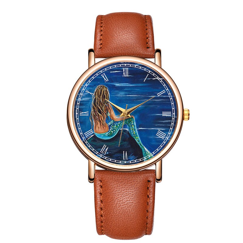 Klassisk havfrue quartz armbåndsur læder mænd kvinder charm armbånd ur relogio masculino: Brun