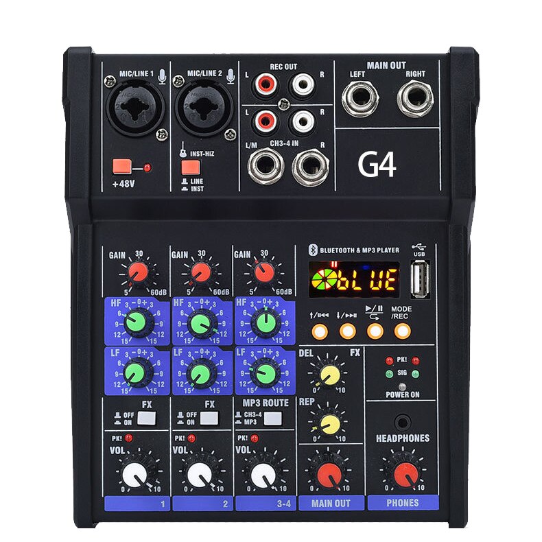 Sound Mixing Console Bluetooth Usb Record Computer Afspelen 48V Phantom Power Vertraging Repaeat Effect 4 Kanalen Usb Audio Mixer