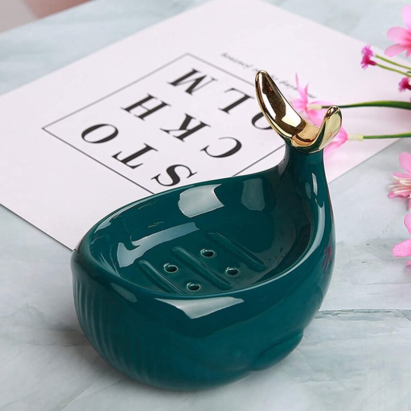 Jabonera de cerámica en forma de ballena con barra de drenaje, caja de jabón de cerámica, marco de anillo de cola de pez para ducha de baño, caja de jabón