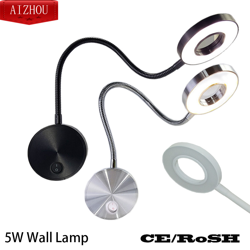 LED-tuyaux-mur-applique 5W 360 ° Chambre à coucher Flexible avec interrupteur à LED, anneau lumineux pour Selfie, lapms muraux d'intérieur pour maquillage, lecture sur le chevet