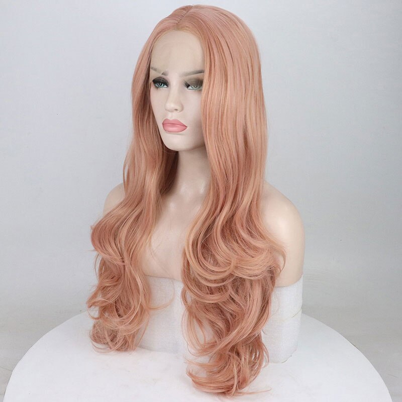 Bombshell pêssego rosa onda solta peruca dianteira do laço do cabelo sintético glueless resistente ao calor do cabelo da fibra natural linha fina para perucas femininas