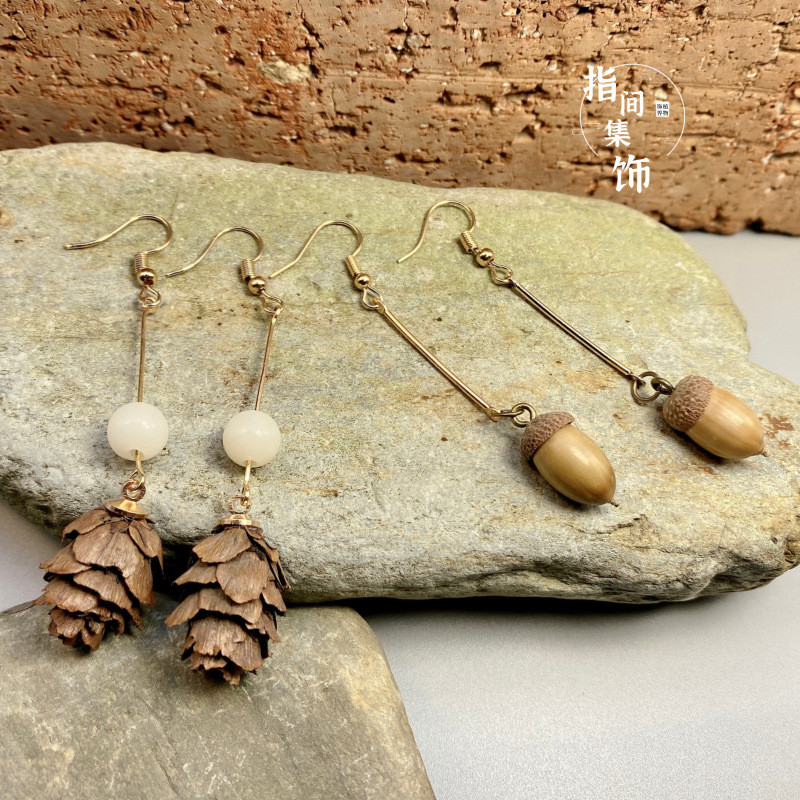 Nature Inspired Natural Acorn &amp; Pinecone Dangled Earrings Oak Tree Handmade Woodland Jewellery Autumn Botanical Earrings