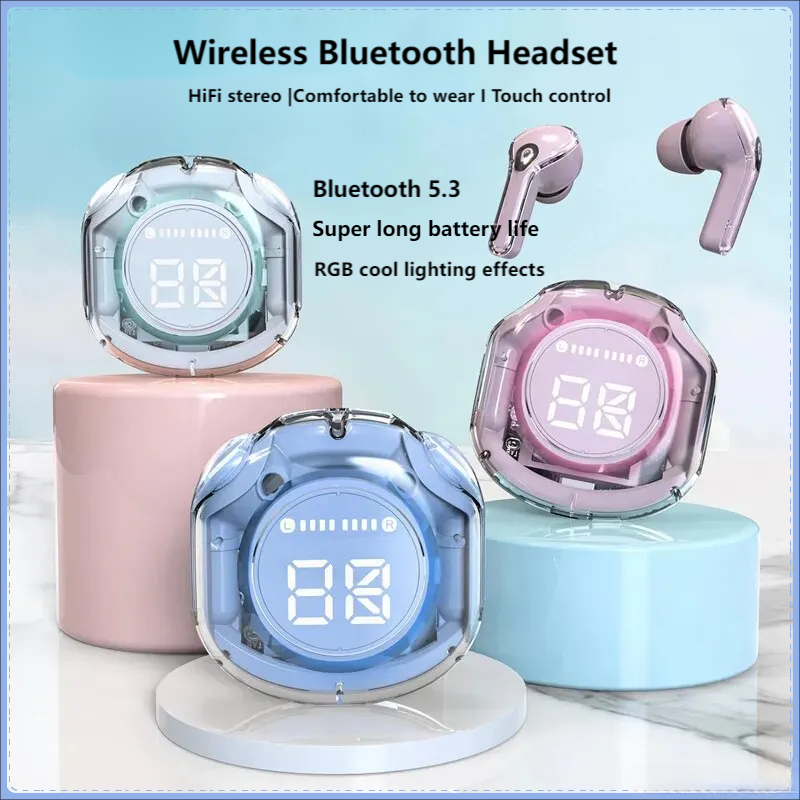 TWS T8 Wireless Bluetooth Headset Transparent Headphones LED Power Digital Display Stereo Sound Sport Earphones for Cell Phone