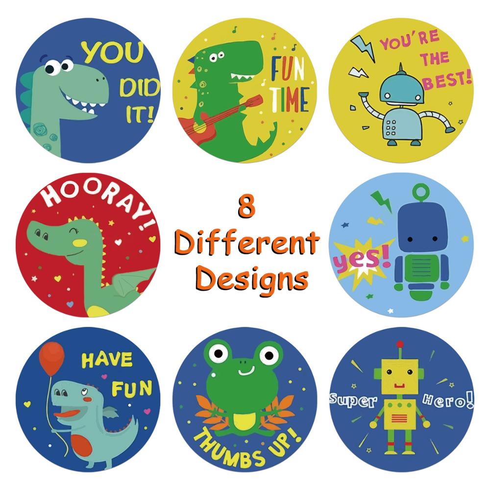 Leuke Dinosaurus Dieren Beloning Sticker 500Pcs/Roll Engels Woorden 8 Ontwerpen Moedigen Etiketten Voor Kinderen Speelgoed 1 Inch ronde Sticker
