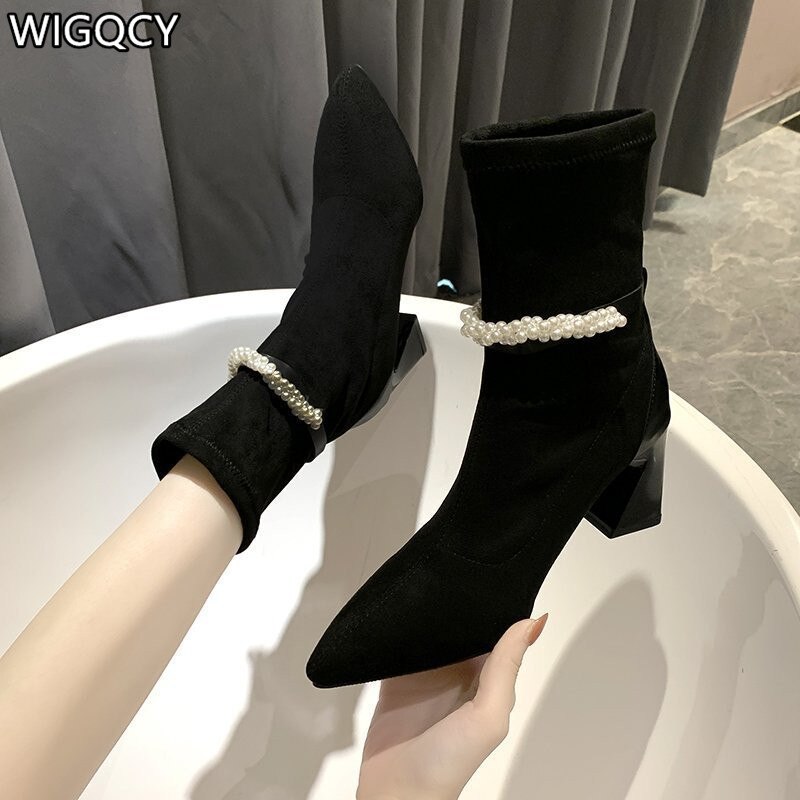 Herfst winter dames retro hoge hakken dames dikke hak mid-tube puntige parel antislip dames laarzen