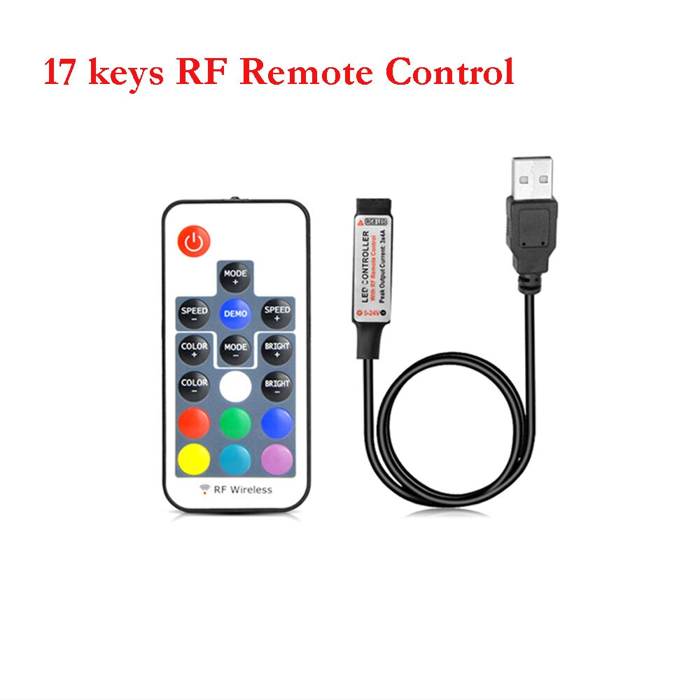 Controlador RGB USB de 5V CC Mini 3 Llaves regulador/Control Remoto IR de 24 teclas/Control remoto inalámbrico RF de 17 teclas para tira LED RGB USB: 17Key RF Controller