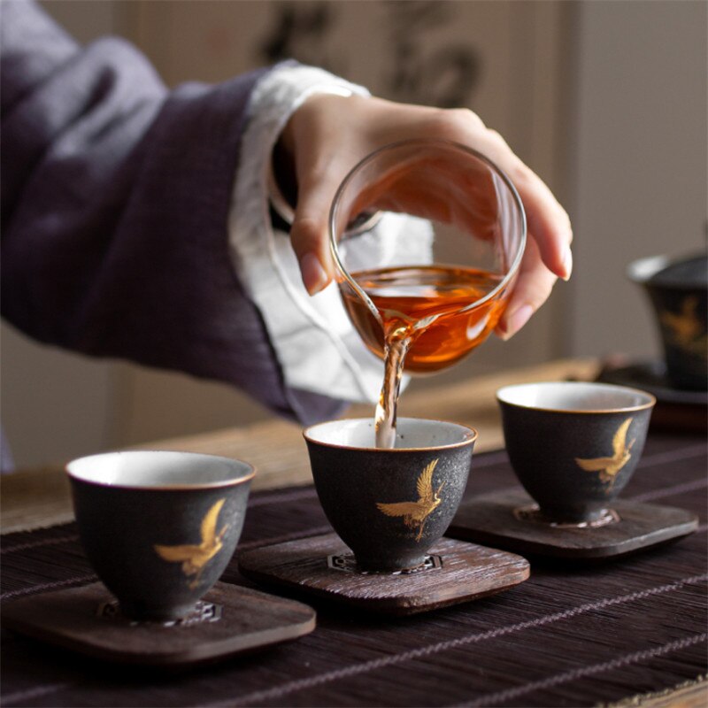 Keramisk gaiwan kontor tekop håndlavet kung fu terrin kinesisk te skål med låg og underkop vand krus te sæt drinkware