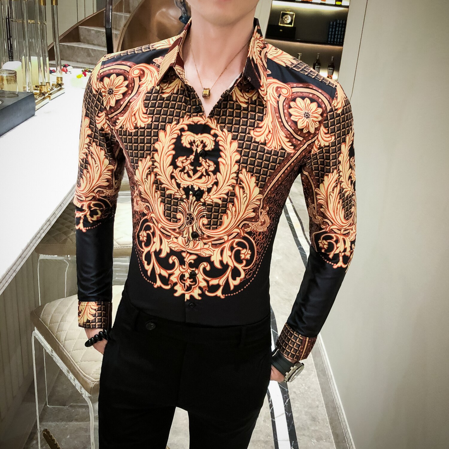 Black Gold Baroque Shirt Men Slim Fit Camisas Para Hombre Paisley Pattern Shirt Men Camisa Social Masculina Long Sleeve Shirt: Black / Korean L 52-60kg 