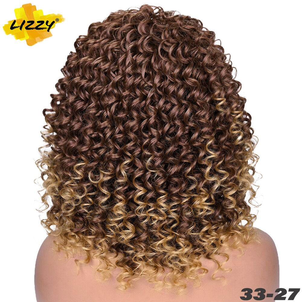 Kort Haar Synthetische Pruik Krullend Afro Pruiken Voor Zwarte En Witte Vrouwen Omber Lijmloze Natuurlijke Hoge Temperatuur Krullen 14Inch lizzy: 33-27