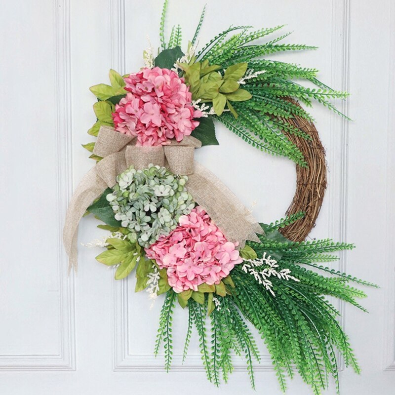 Artificial Hydrangea Ferns Leaves Wreath with Bowknot for Front Door Outdoor Spring Simulation Flower Garland Decor