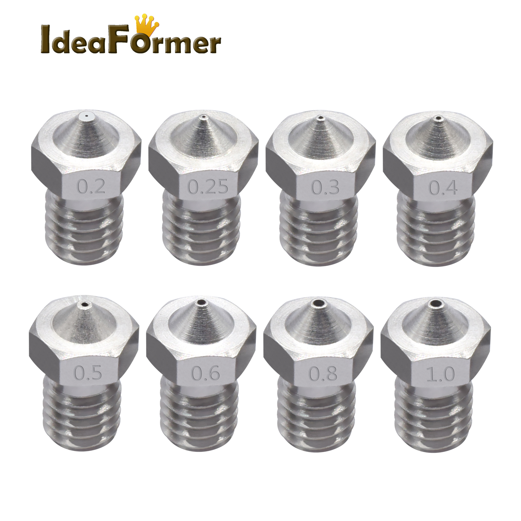 5Pcs E3D Stainless Steel V6 Nozzle M6 Thread 0.2/0.25/0.3/04/0.5/0.6/0.8/1.0mm for 3D Printer 1.75/3.0mm Filament V5 V6 End