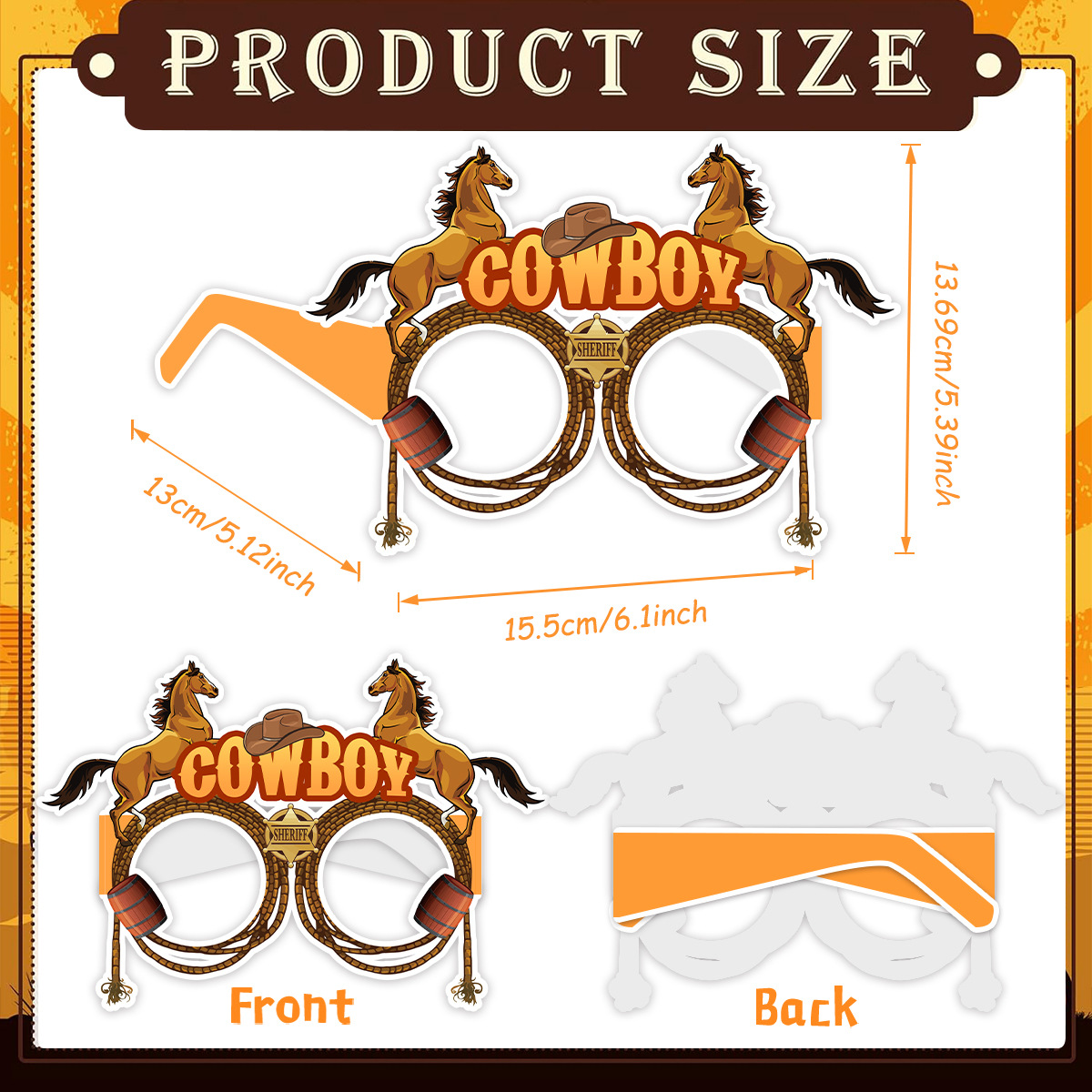 Fotorekwisieten met western cowboythema, papieren brillen, feestartikelen voor kinderen, cowgirl, paardenraces, verjaardagsfeestdecoratie.
