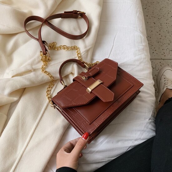 Kamienna skóra ekologiczna z wzorem jednokolorowe torebki Crossbody dla kobiet 2019 mini-łańcuch torba na ramię dama torebki: Brązowy