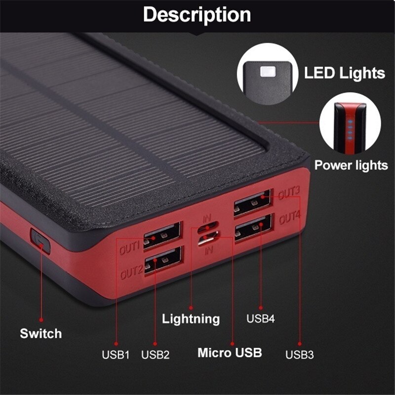 45000mAh Solar Power Bank for Samsung Iphone Xiaomi Smartphone LED Light Portable Solar Power Bank Charger Waterproof 4 USB