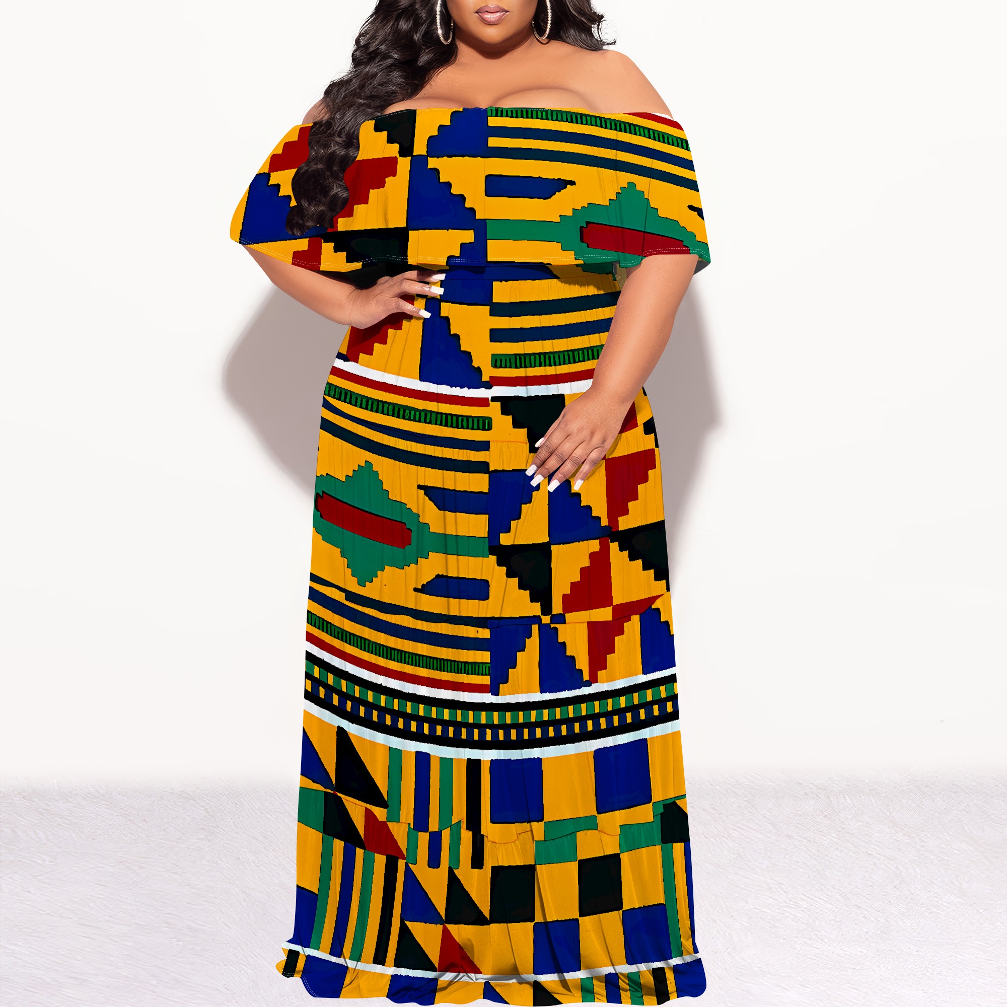 Afrikansk print off-shoulder maxikjole - boho tribal festtøj til kvinder