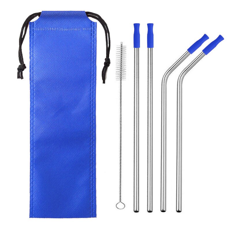 304 Stainless Steel Metal Straws Drink Cocktail Color Silicone Head Straw Travel Portable Set: Set 9