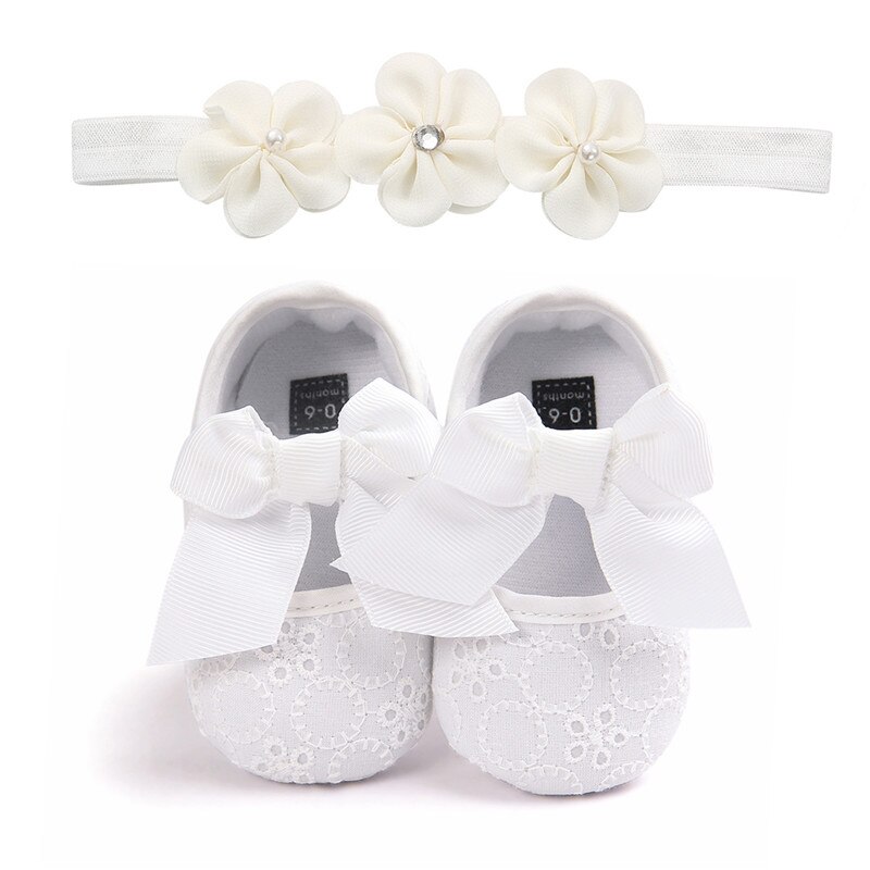 Gloednieuwe Peuter Kids Baby Meisjes Jongens Strik Schoenen + Hoofdband 2 Stuks Lace Bloemen Zachte Schoenen Lente Eerste wandelaars 0-18M: WHITE / 13-18 months
