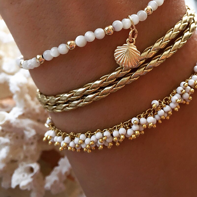 Gouden enkelband met kwastjes en kralen voor aan het been voor vrouwen, enkelband met kaurischelp en voetsieraden