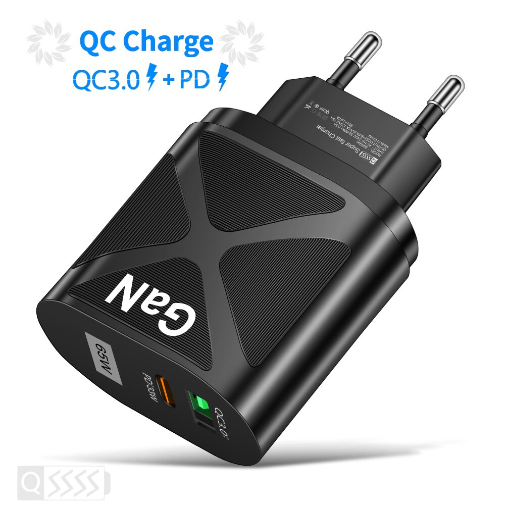 65W USB GaN Charger Type C PD Fast Charging for iPhone 13 12 Pro iPad Mobile Phone Quick Charger QC 3.0 4.0 Wall Adapter Plug: Black EU