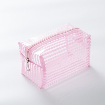 Portable Waterproof Transparent Makeup Bag Striped Zipper Cosmetic Organizer Women Travel Toiletry Bag: Pink / Size L