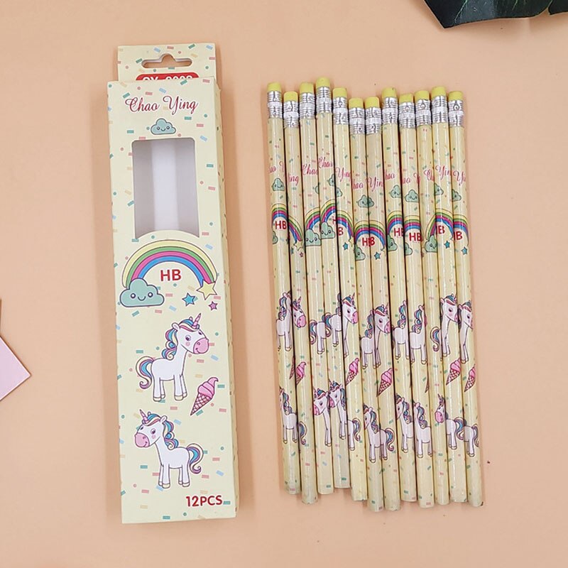 12 pcs/set Cute Rainbow Unicorn Triangle HB Standard Wooden Pencil Student Stationery Writing Pencils School Office Supply: Yellow
