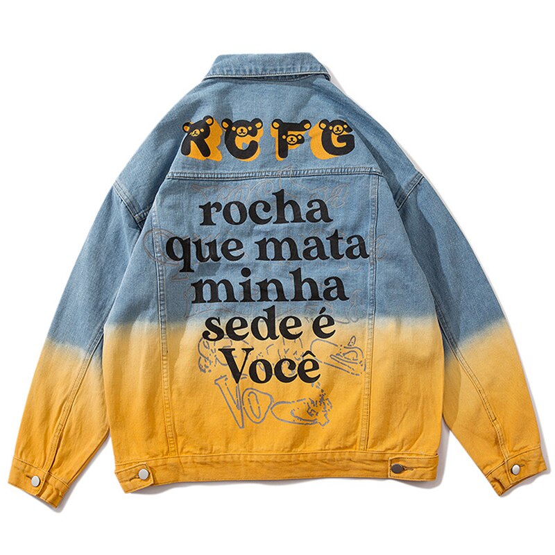 Gradient blå denim jakker streetwear vasket hiphop efterår mænd vintage punk rock farve blok mandlig knap oversize jakke
