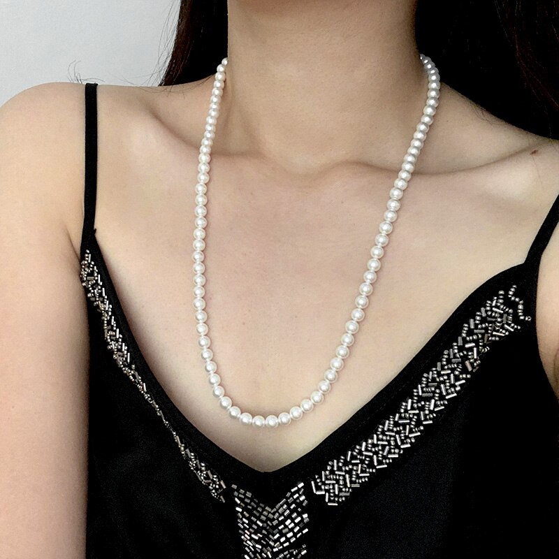 Joias clássicas elegantes, 40-60cm, luz brilhante, 6mm, concha, colar de pérola, prata esterlina 925, corrente de cauda para mulheres