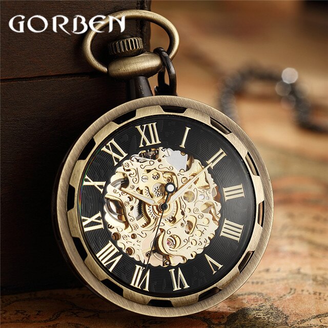 Retro Horloge Ketting Steampunk Skelet Mechanische Fob Zakhorloge Romeinse Aantal Klok Hanger Hand kronkelende Mannen Vrouwen Chain: PM009