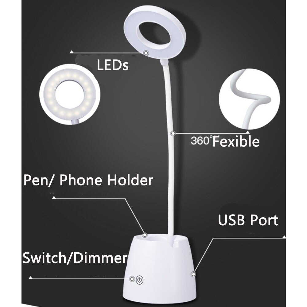 Bureaulamp Kids met Nachtlampje LED USB Tafellamp Dimbare Eye-Verzorgende Studie Computer Lamp Flexibele Zwanenhals Telefoon & Pen Houder