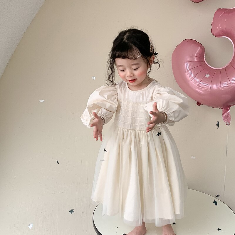 2022 Spring Korean Style Baby Girls Princess Dresses Puff Sleeve Solid Color Ball Gown Toddlers Kids Party Dress