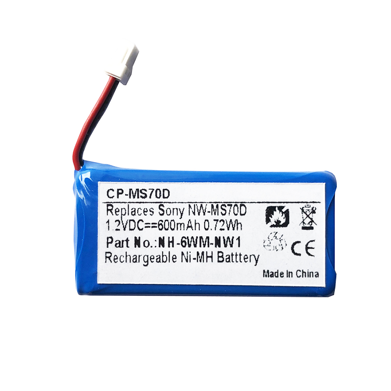 Batterie pour baladeur SONY NW-MS70D NW-MS90D NH-6WM-NW1, accumulateur, 1.2V, 600mAh, entièrement Rechargeable, prise à 2 fils
