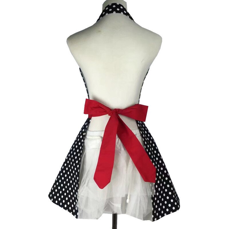 Mooie Retro Schorten Voor Vrouwen Koken Schort Leuke Verstelbare Katoen Sexy V-Hals Polka Dot Zwarte Schort Klassieke Grote wave