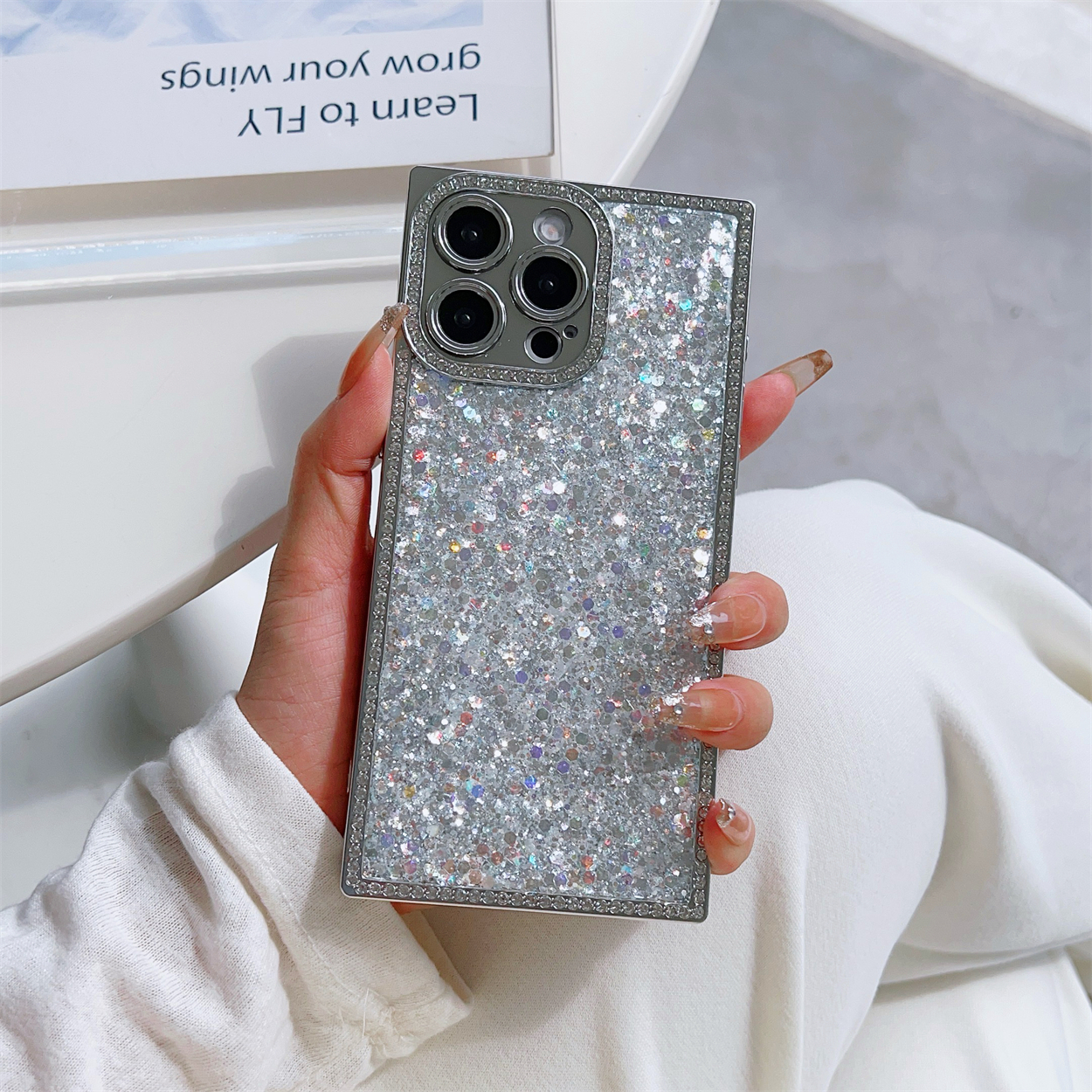Funda de teléfono negra y dorada con purpurina chapada en joyas a prueba de golpes para iPhone 16 15 14 13 Pro Max Plus Funda cuadrada Coques Funda
