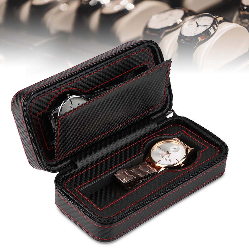 Draagbare Carbon Fibre Horloge Zak 2 Slots Display Rits Case Opslag geschikt voor reizen Rits Horloge Case