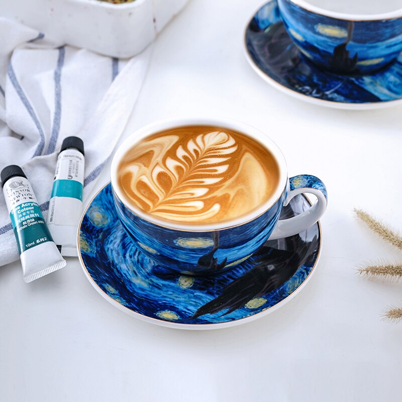 90/220/300/400ML Latte Cappuccino Espresso Mugs Coffe Mugs Set with Spoon Saucer Milk Cup Mug Van Gogh Oil Painting Style Cups