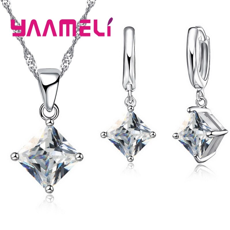 Mode Vrouwen Hangers Ketting Eenvoudige Geometrie Vierkante Oorbellen Kristal 925 Sterling Zilveren Sieraden Sets Voor Bruiloft: white