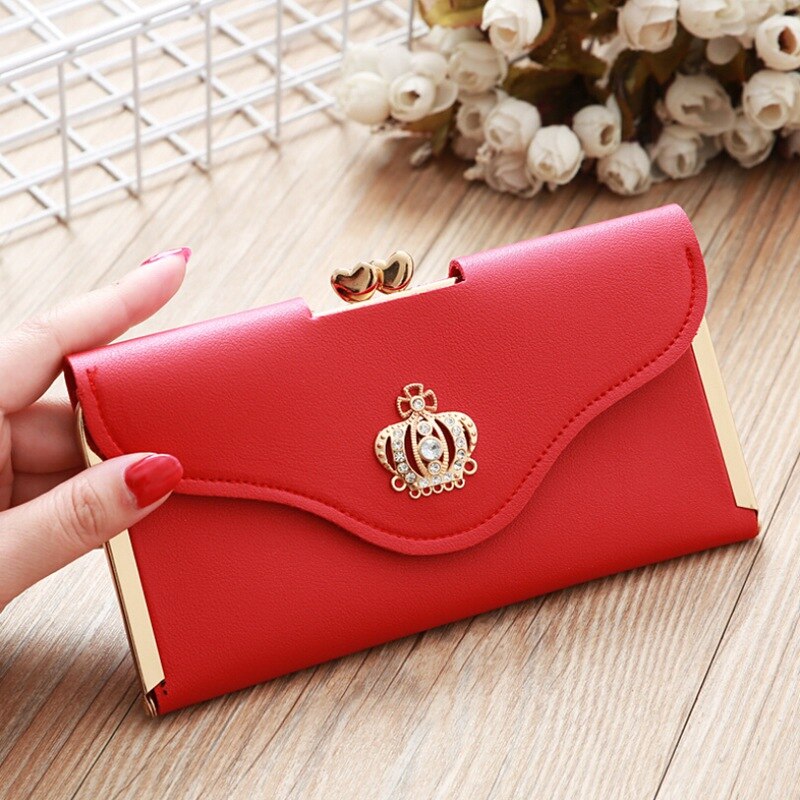 Cartera de mano de piel sintética con corona para mujer, cartera larga, tarjetero, bolso de mano: Rojo